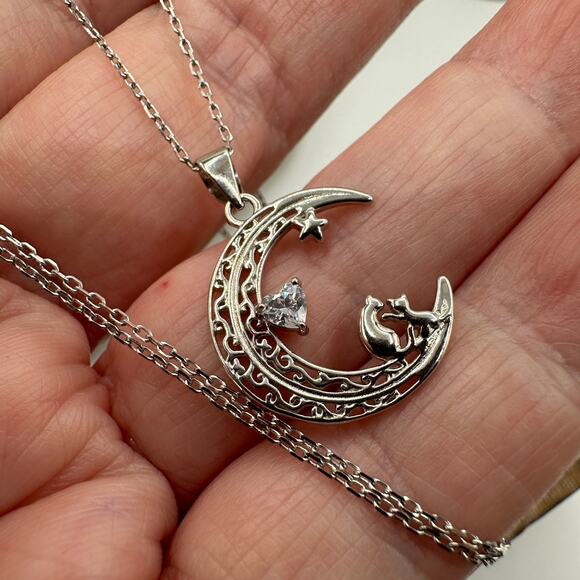Sterling Silver Cats On Moon CZ Necklace - Picture 1 of 4